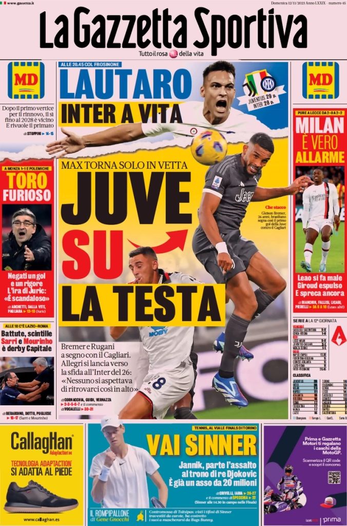 Le prime pagine dei quotidiani sportivi – 12 novembre 32 la gazzetta dello sport 024807141