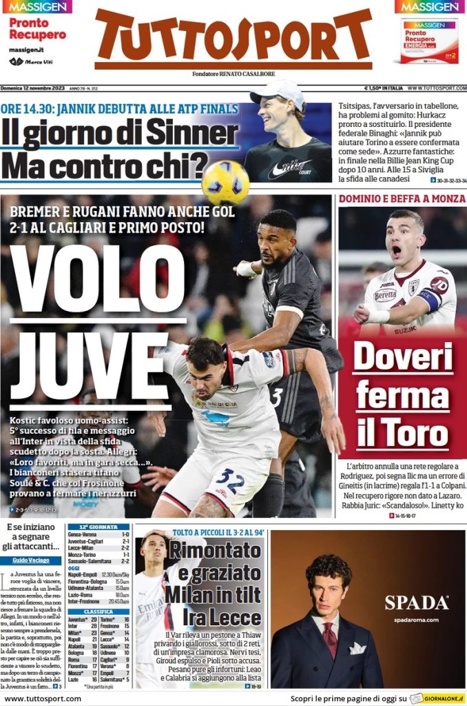 Le prime pagine dei quotidiani sportivi – 12 novembre 34 tuttosport 014312047