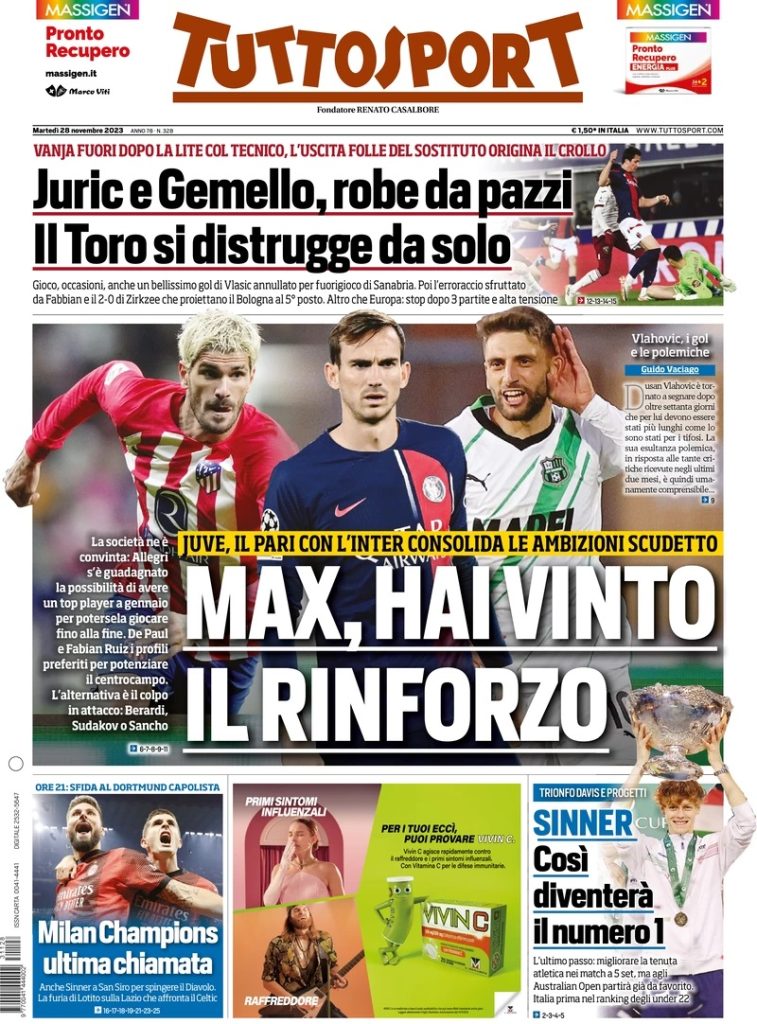 Le Prime Pagine Sportive Nazionali – 28 novembre 34 tuttosport 070608439