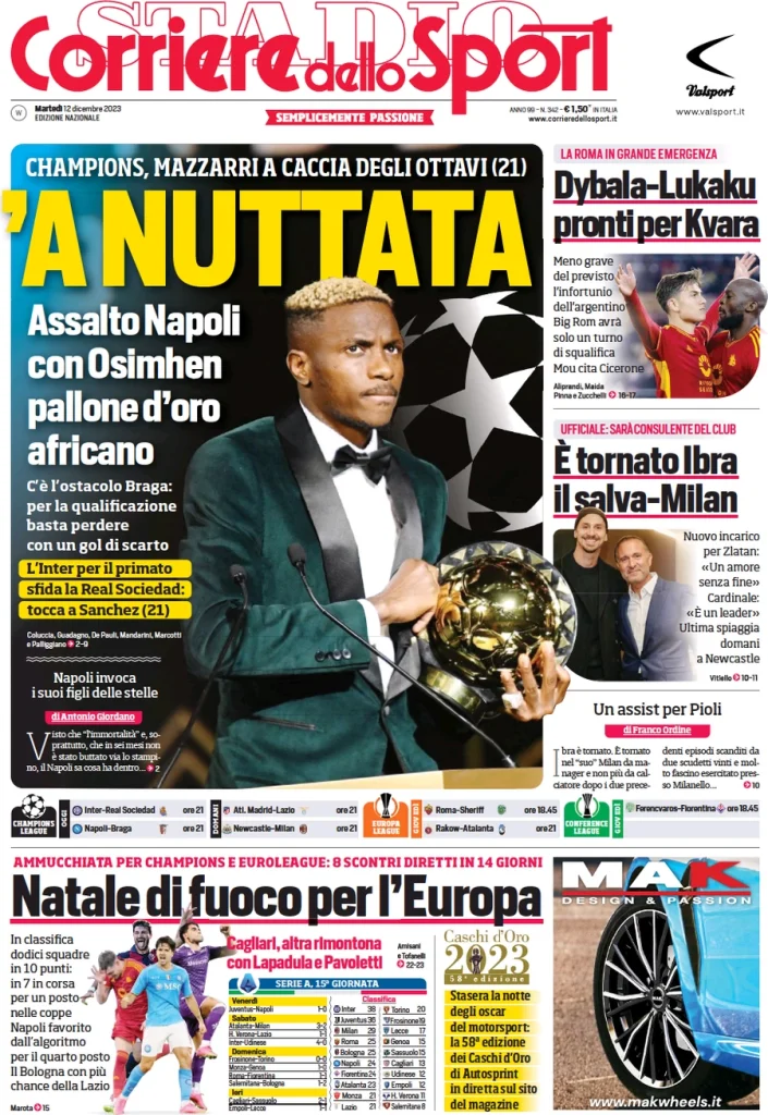 Le Prime Pagine Sportive Nazionali – 12 dicembre 33 Corriere Sport 8