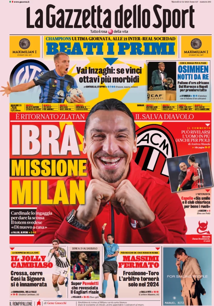 Le Prime Pagine Sportive Nazionali – 12 dicembre 32 Gazzetta dello Sport 8