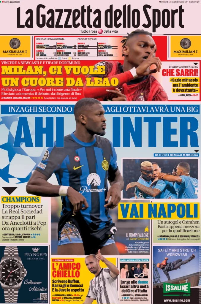 Le Prime Pagine Sportive Nazionali – 13 dicembre 32 Gazzetta dello Sport 9