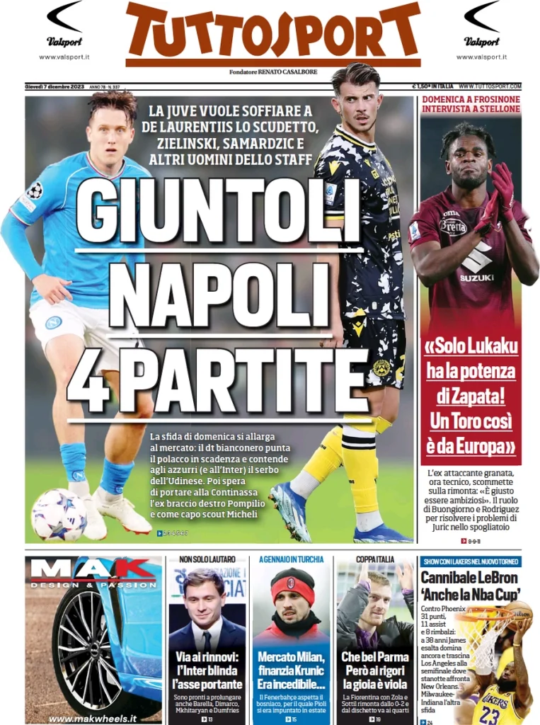 Le Prime Pagine Sportive Nazionali – 7 dicembre 34 Tuttosport 4