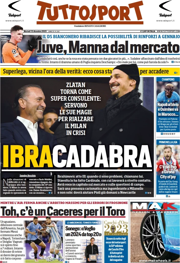 Le Prime Pagine Sportive Nazionali – 12 dicembre 34 Tuttosport 8