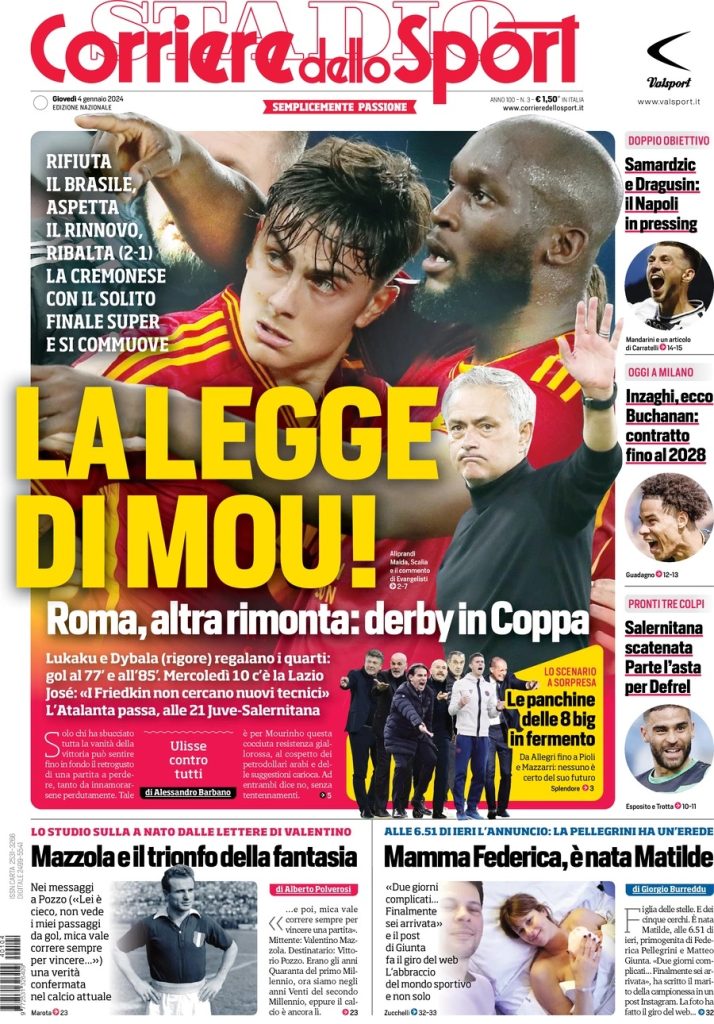 Le Prime Pagine Sportive Nazionali – 4 gennaio 33 corriere dello sport 072336854