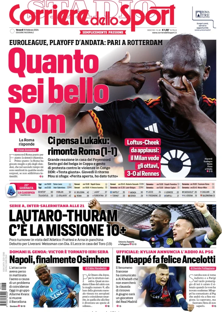 Le Prime Pagine Sportive Nazionali – 16 febbraio 33 Corriere Sport 10