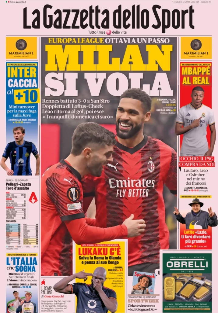 Le Prime Pagine Sportive Nazionali – 16 febbraio 32 Gazzetta dello Sport 10