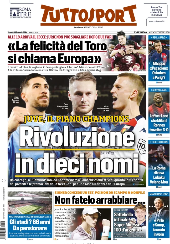 Le Prime Pagine Sportive Nazionali – 16 febbraio 34 Tuttosport 10