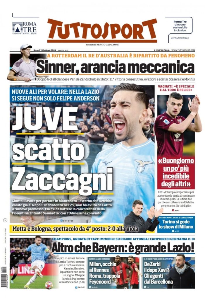 Le Prime Pagine Sportive Nazionali – 15 febbraio 32 tuttosport 15 febbraio 2024