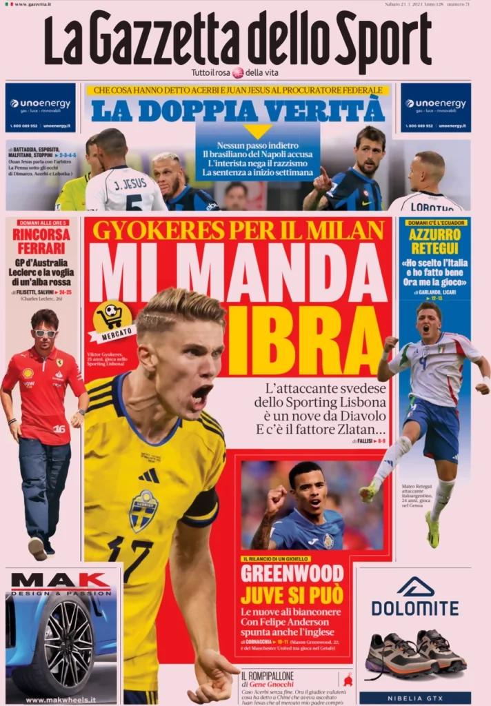 Le Prime Pagine Sportive Nazionali – 23 marzo 30 Gazzetta dello Sport 16