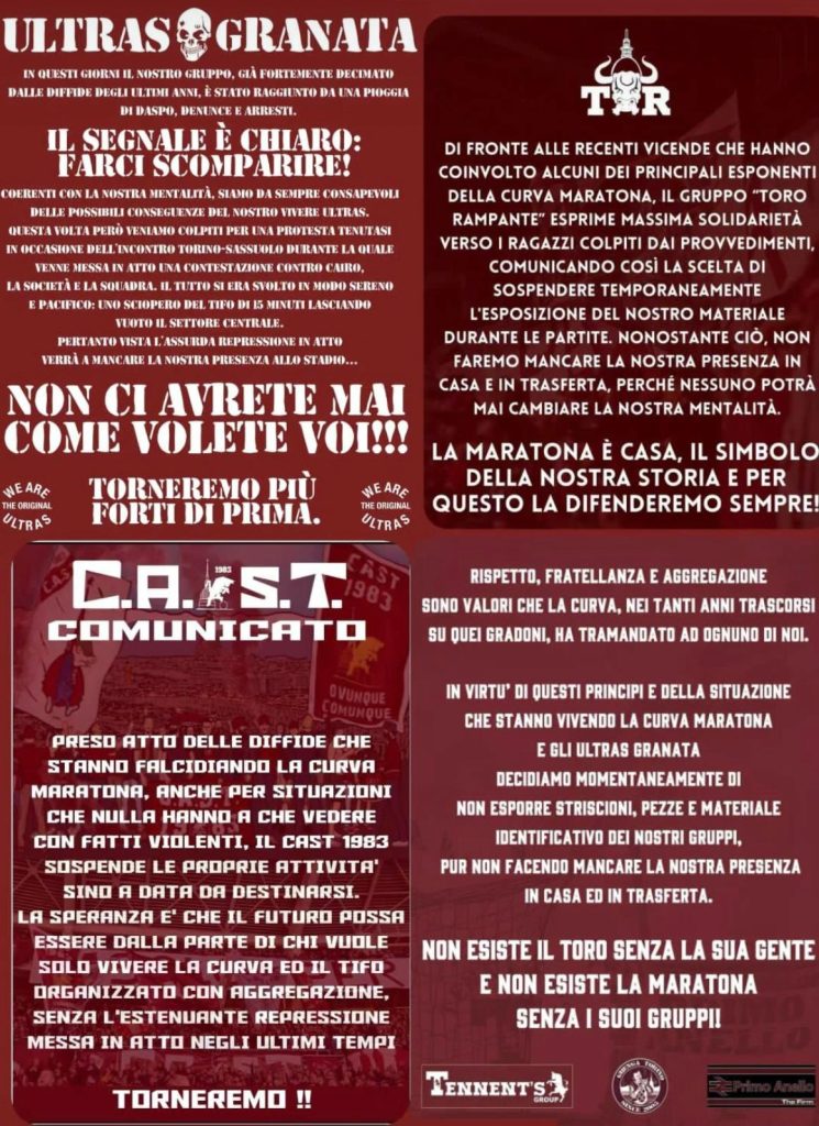Torino, infuria la protesta tra gli ultras della Maratona: motivo e comunicato - FOTO 32 Ultras Torino comunicato protesta
