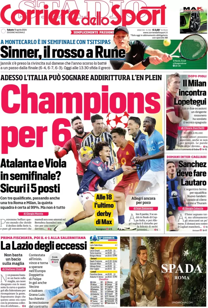 Le prime pagine sportive nazionali – 13 aprile 33 Corriere Sport 7