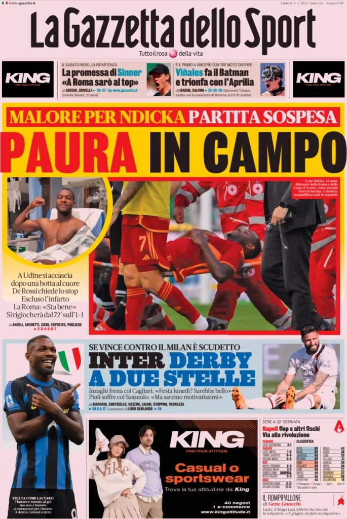 Le prime pagine sportive nazionali – 15 aprile 33 Gazzetta dello Sport 9
