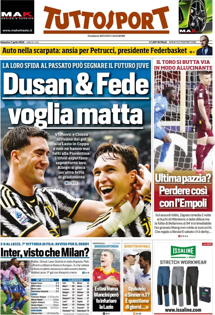 Le prime pagine sportive nazionali – 7 aprile 34 Tuttosport 3