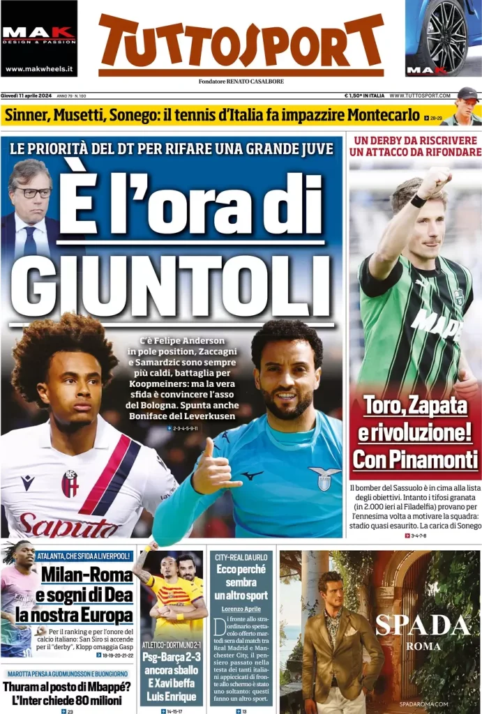 Le prime pagine sportive nazionali – 11 aprile 33 Tuttosport 5