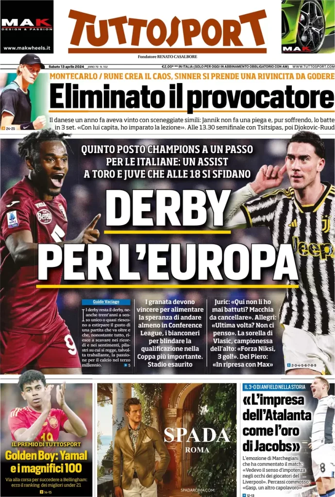 Le prime pagine sportive nazionali – 13 aprile 34 Tuttosport 7