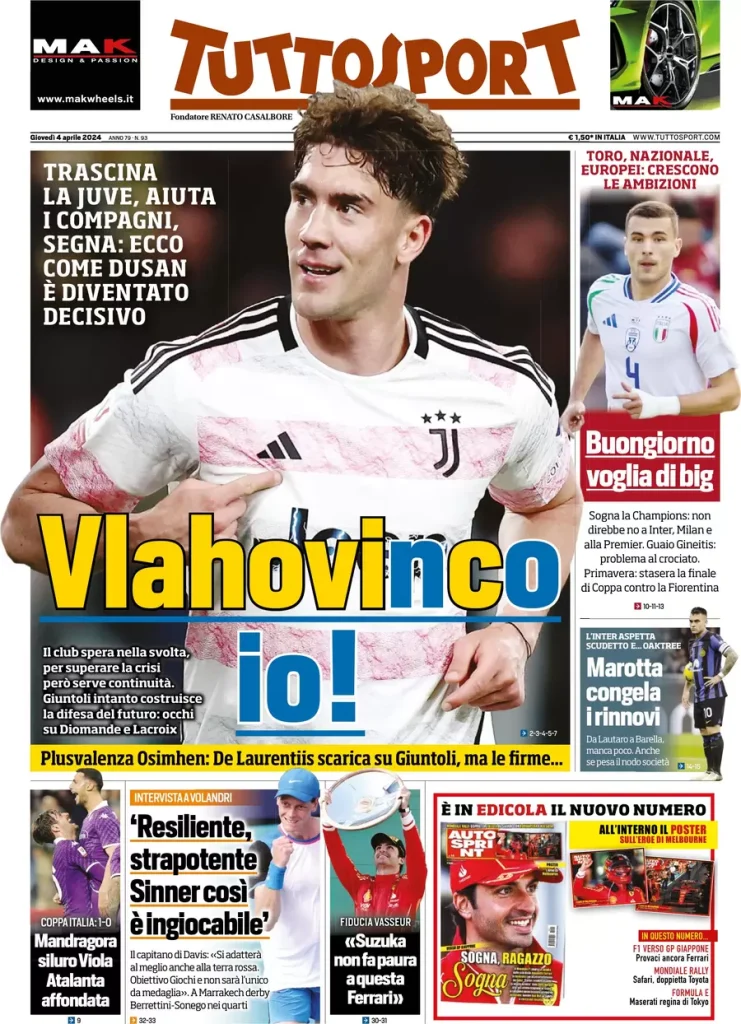 Le prime pagine sportive nazionali – 4 aprile 34 Tuttosport