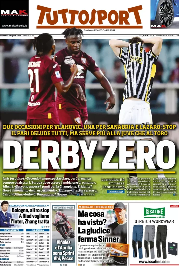 Le prime pagine sportive nazionali – 14 aprile 34 Tuttosport 8