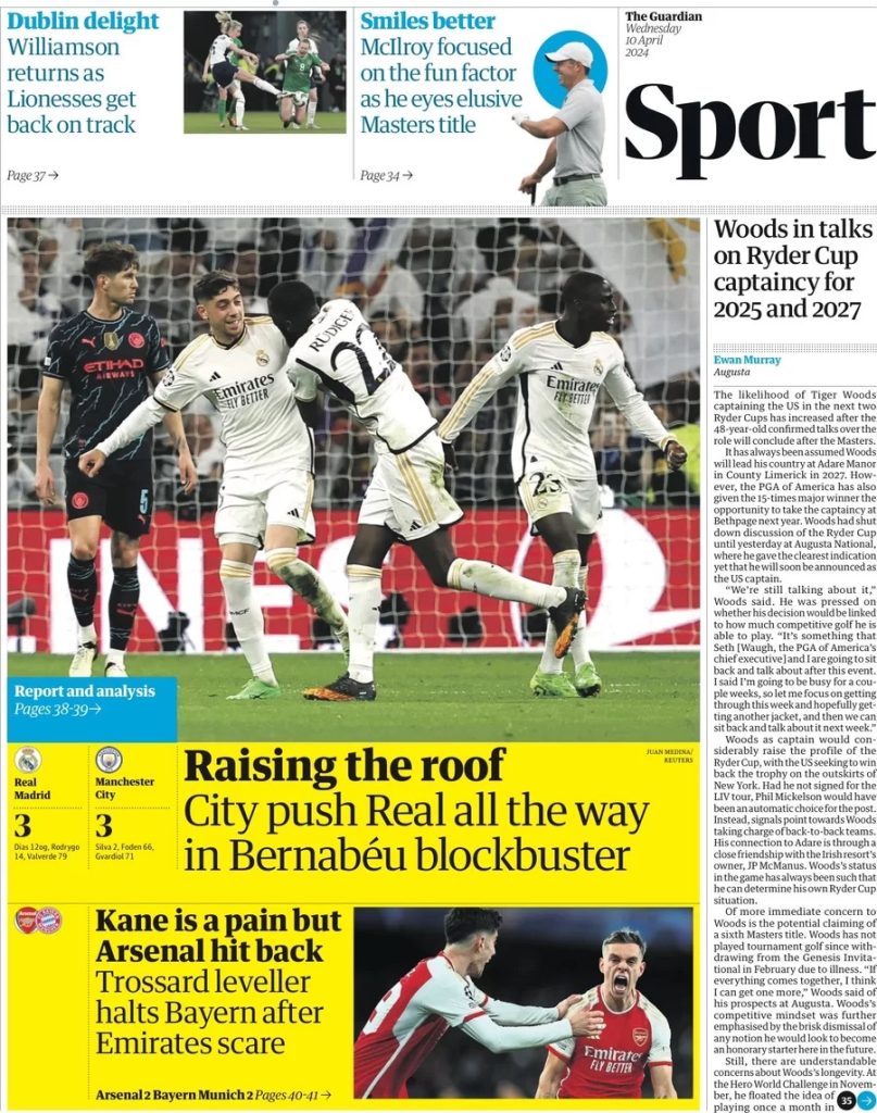 Prime pagine sportive estere sullo spettacolo di Real City 34 the guardian sport 235813579