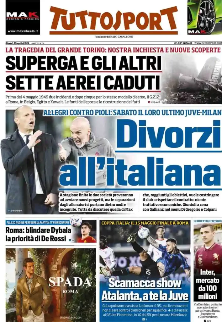 Le prime pagine sportive nazionali – 25 aprile 32 tuttosport 002256859