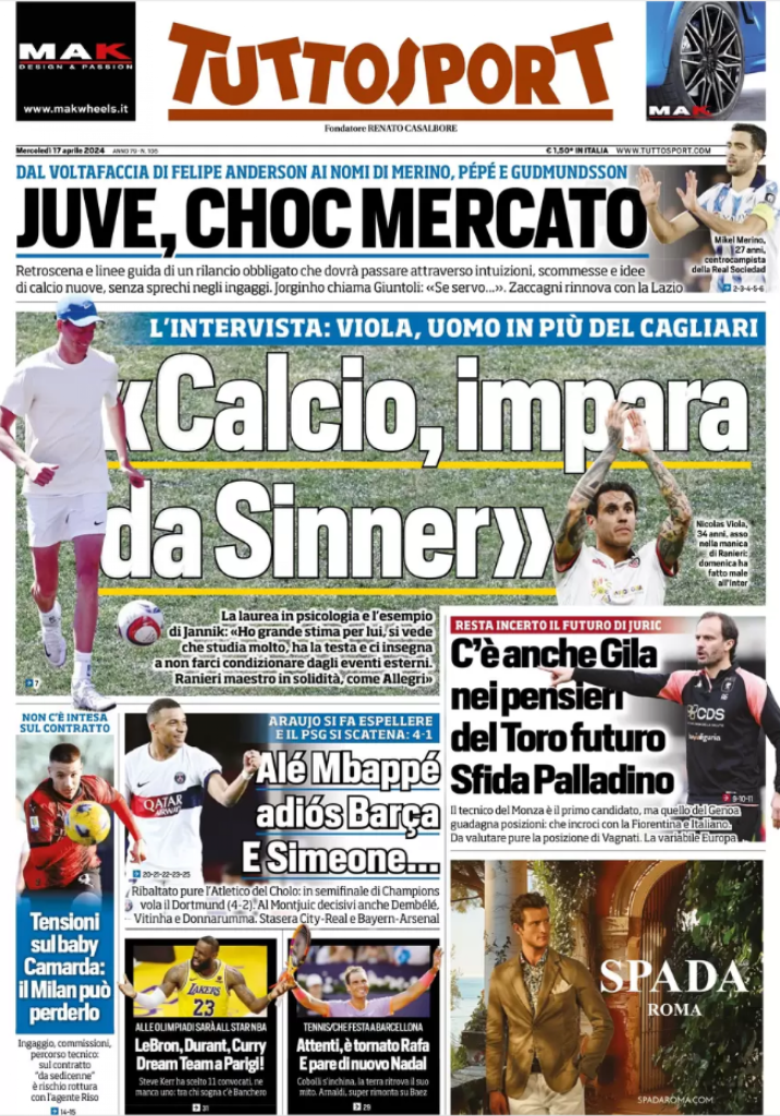 Le prime pagine sportive nazionali – 17 aprile 32 tuttosport prima 1