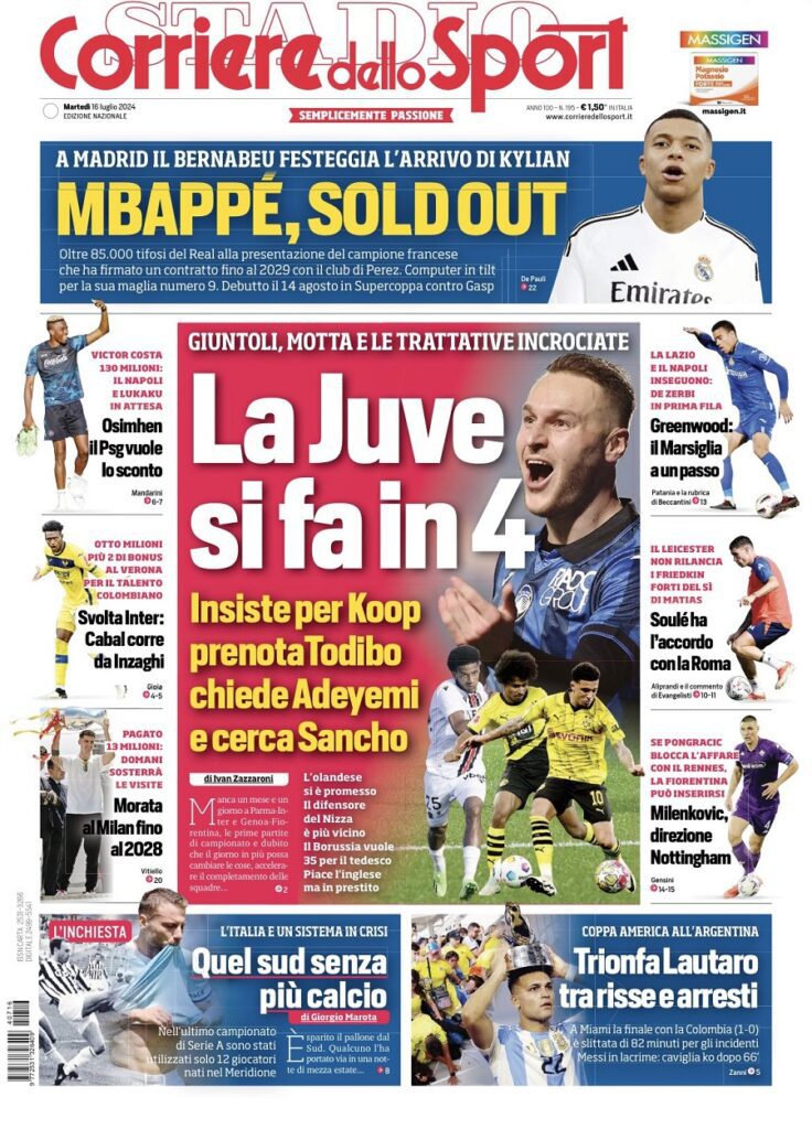 Le prime pagine sportive nazionali – 16 luglio 33 corriere dello sport