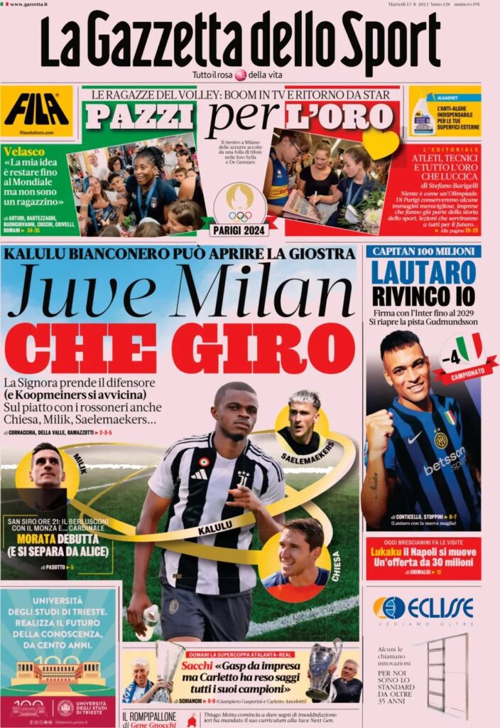 Le prime pagine sportive nazionali – 12 agosto 32 la gazzetta dello sport e04fd61f87665ae50d401edb6abfde0e big
