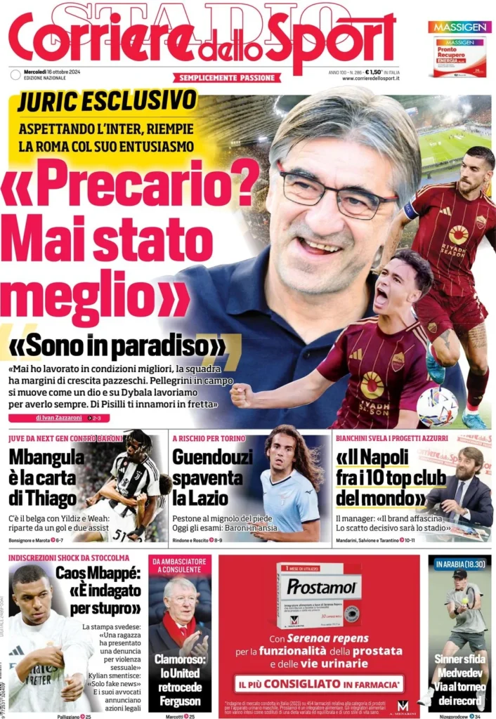 Le prime pagine sportive nazionali – 16 ottobre 34 corriere dello sport 021218250