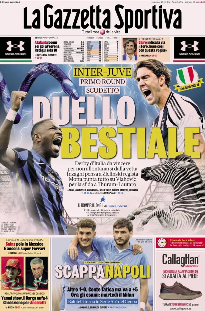 Le prime pagine sportive nazionali – 27 ottobre 30 la gazzetta dello sport 055525351
