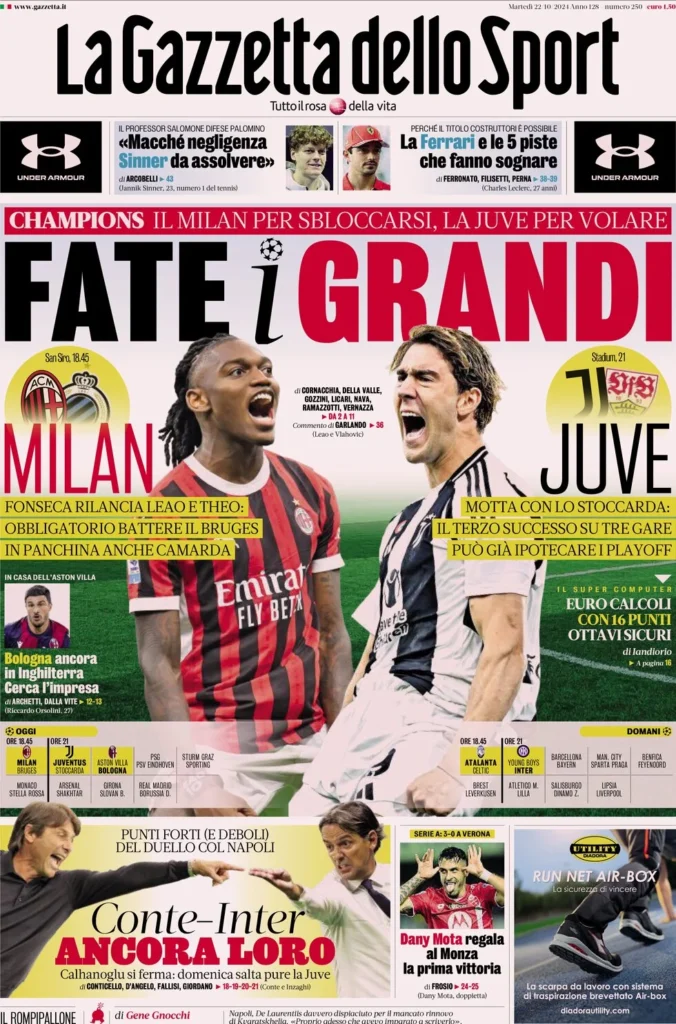 Le prime pagine sportive nazionali – 22 ottobre 32 la gazzetta dello sport 061413476