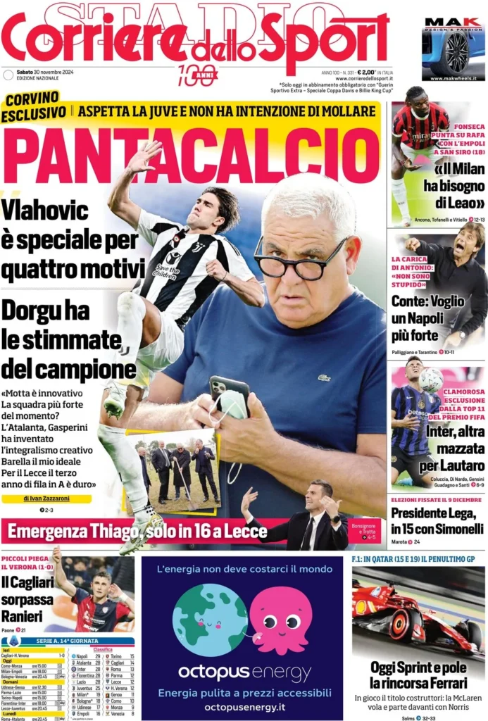 Le prime pagine sportive nazionali – 30 novembre 31 corriere dello sport 030030527