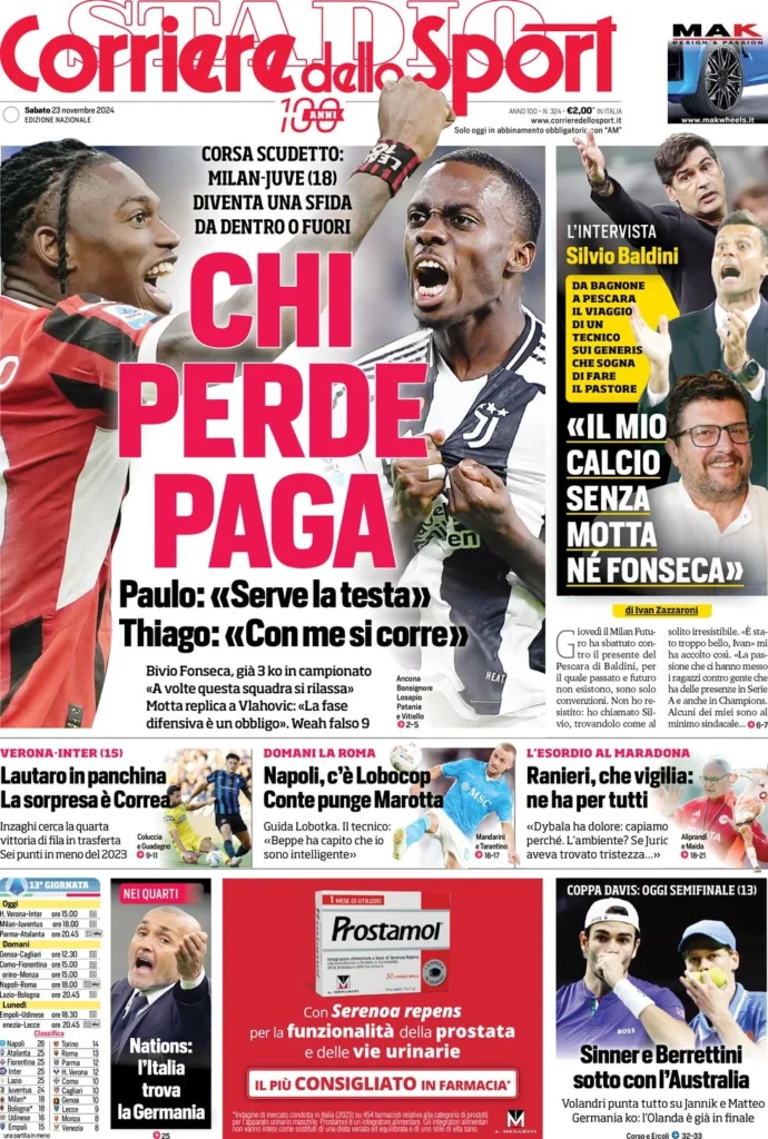 Le prime pagine sportive nazionali – 23 novembre 33 corriere dello sport 054519180