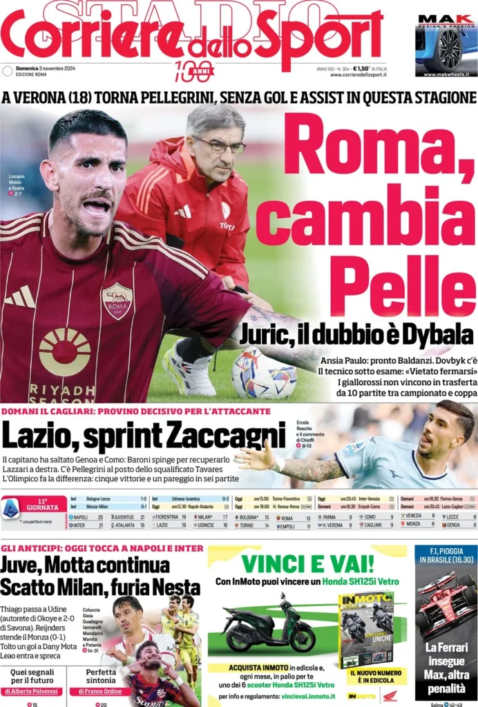 Le prime pagine sportive nazionali – 3 novembre 34 corriere dello sport 070810525