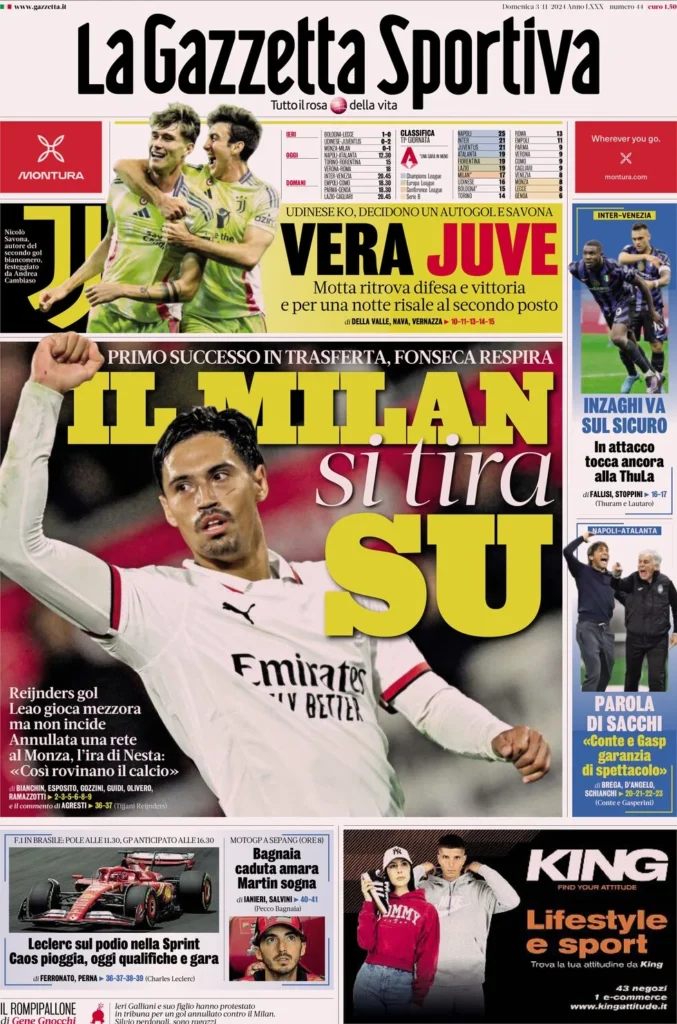 Le prime pagine sportive nazionali – 3 novembre 33 la gazzetta dello sport 054344901
