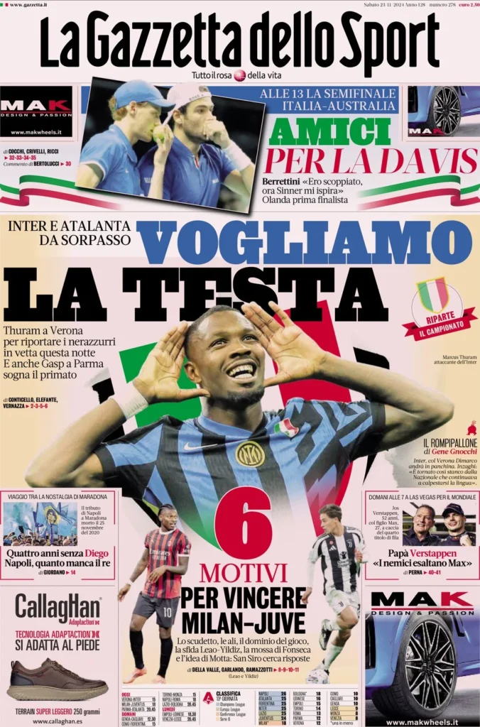 Le prime pagine sportive nazionali – 23 novembre 34 la gazzetta dello sport 054419042