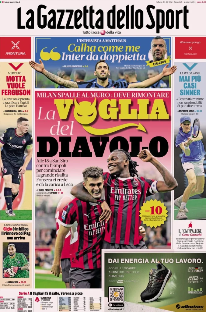 Le prime pagine sportive nazionali – 30 novembre 30 la gazzetta dello sport 071936309