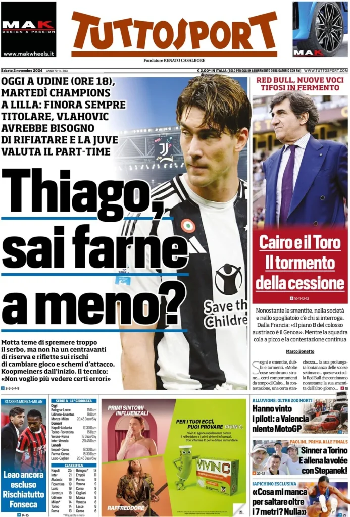 Le prime pagine sportive nazionali – 2 novembre 32 tuttosport 021205520
