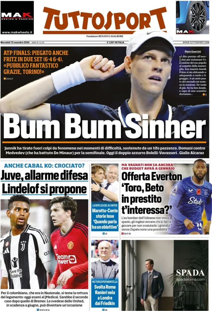 Le prime pagine sportive nazionali – 13 novembre 33 tuttosport 021207212