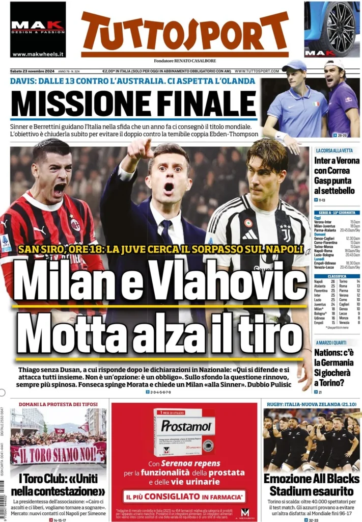 Le prime pagine sportive nazionali – 23 novembre 32 tuttosport 021208483