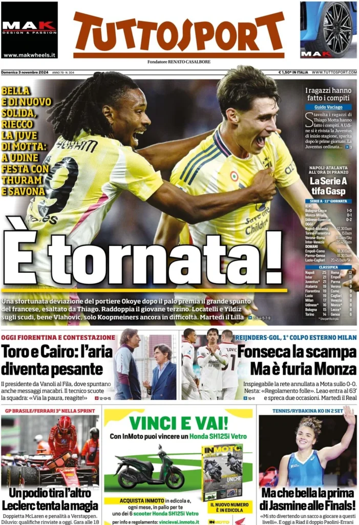 Le prime pagine sportive nazionali – 3 novembre 32 tuttosport 021212774