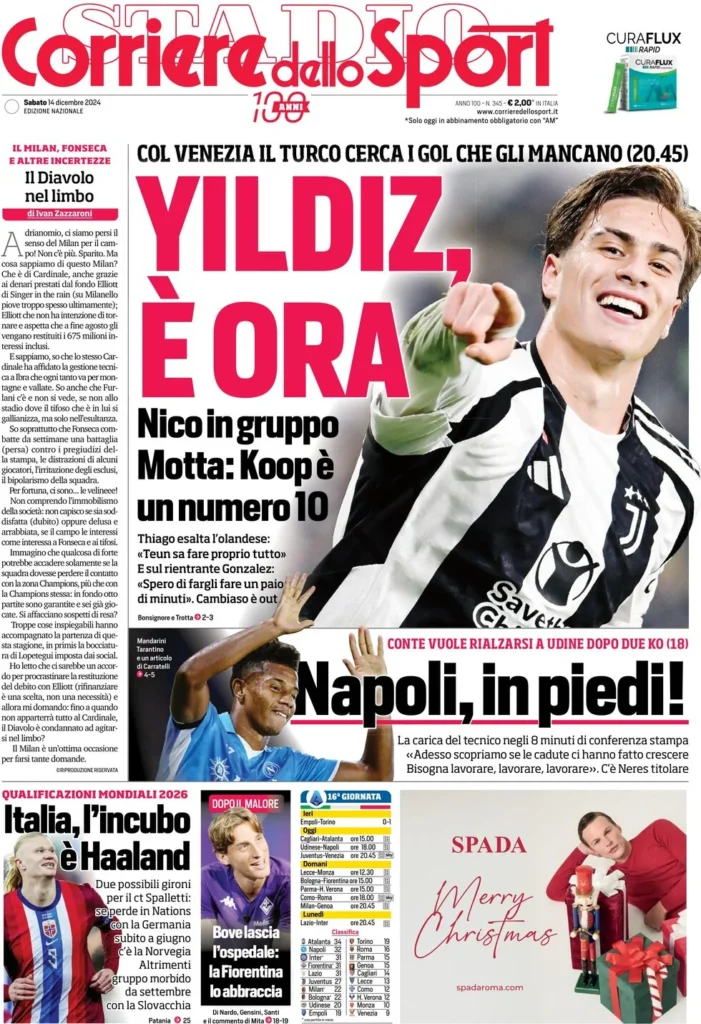Le prime pagine sportive nazionali – 14 dicembre 33 corriere dello sport 030025149