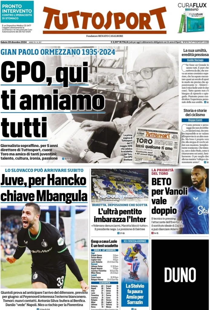 Le prime pagine sportive nazionali – 28 dicembre 34 tuttosport 021206277