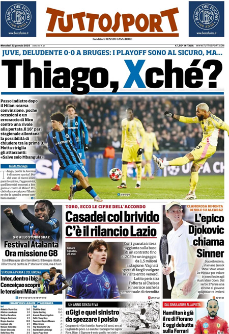 Le prime pagine sportive nazionali – 22 gennaio 34 1737525662 60 tuttosport