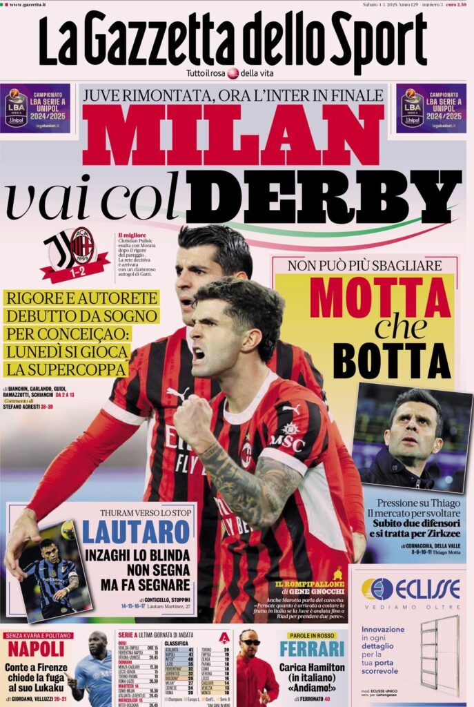 Le prime pagine sportive nazionali – 4 gennaio 34 la gazzetta dello sport 062255121