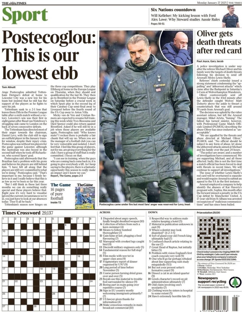 Tottenham, Postecoglou a rischio? Le prime pagine dei giornali inglesi mettono nel mirino il tecnico australiano 33 the times sport 004508837
