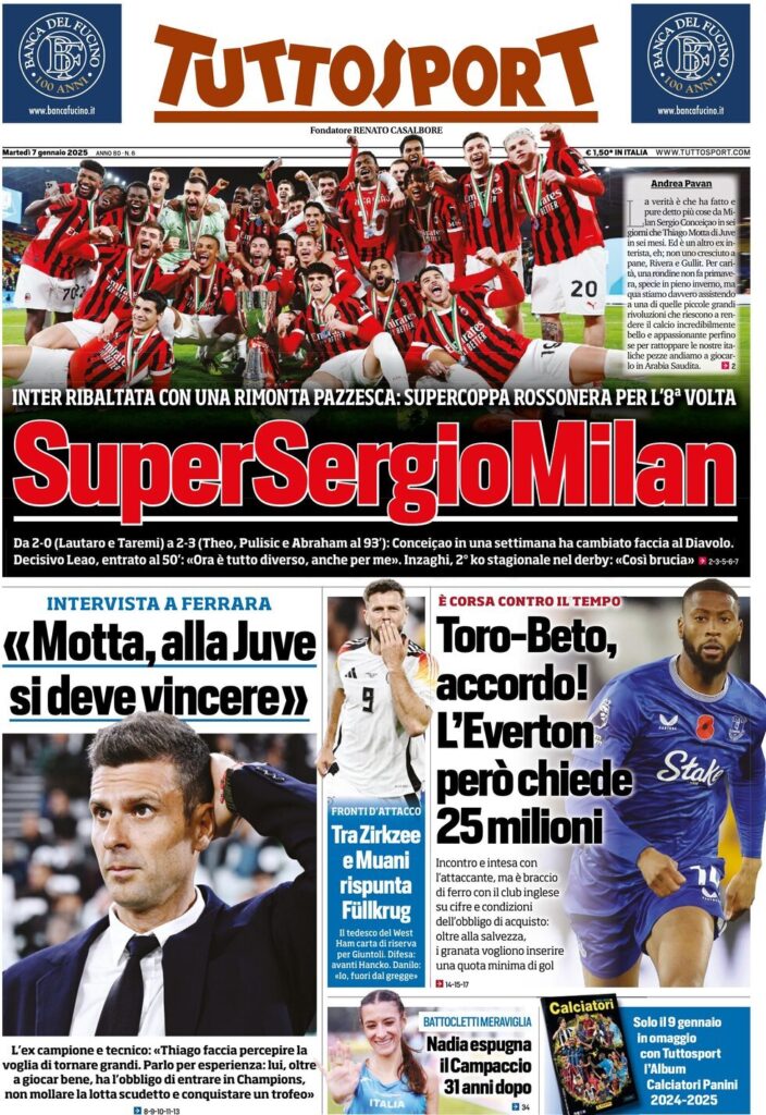 Le prime pagine sportive nazionali – 7 gennaio 33 tuttosport 021204957