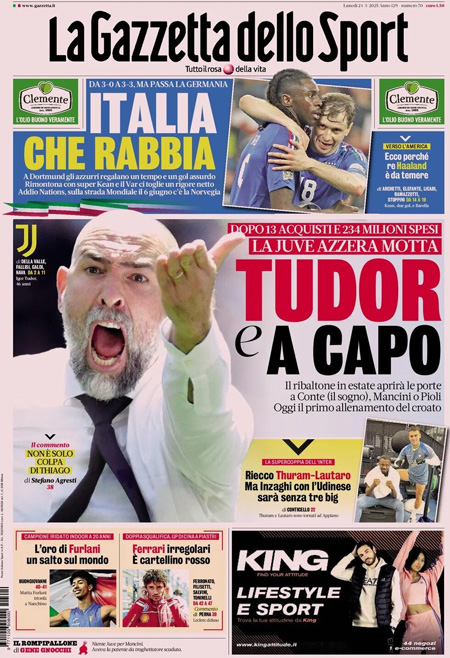 Le prime pagine sportive nazionali – 24 marzo 1 1742795744 58 la gazzetta dello sport