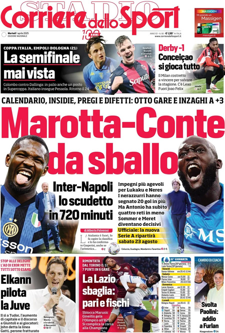 Le prime pagine sportive nazionali – 1 aprile 33 1743483573 59 corriere dello sport