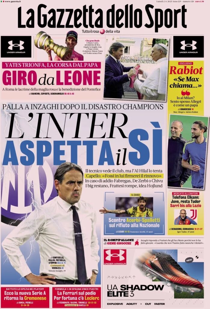 Le prime pagine sportive nazionali – 2 giugno 32 la gazzetta dello sport 23b56c5146bcd2acb806e6c477d70e95 big