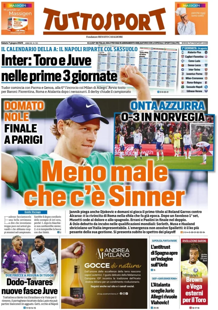 Le prime pagine sportive nazionali – 7 giugno 34 tuttosport 021203884